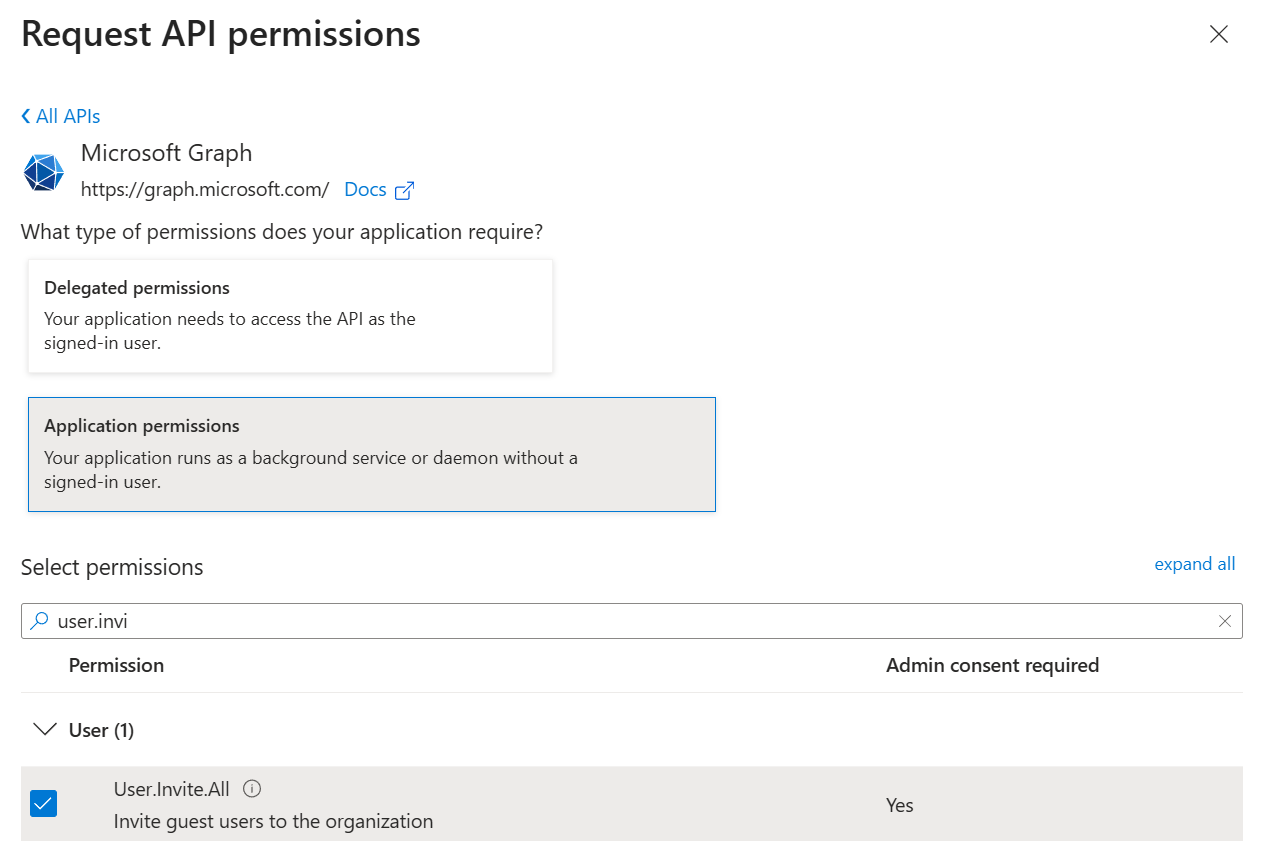 Example app permissions: User.Invite.All